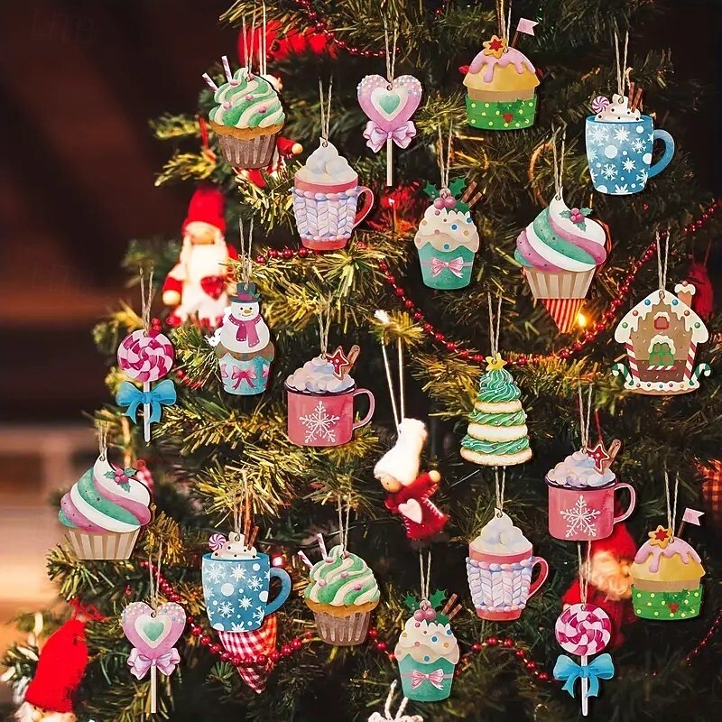 24pcs Christmas Wooden Ornaments, Cupcake and Candy Decoration Set, Dessert-Themed Hanging Pendants with Cookie and Hot Cocoa Patterns for Holiday Trees, Home, and Coffee Bar Decor2
