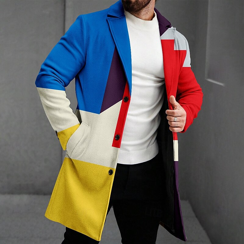 Men's Plaid Winter Coat Fleece Jacket Overcoat Thermal Comfortable Business Casual Formal Daily Wear 3D Print Buttons Front Pocket Winter Turndown Long Sleeve Yellow Red Multi Color4