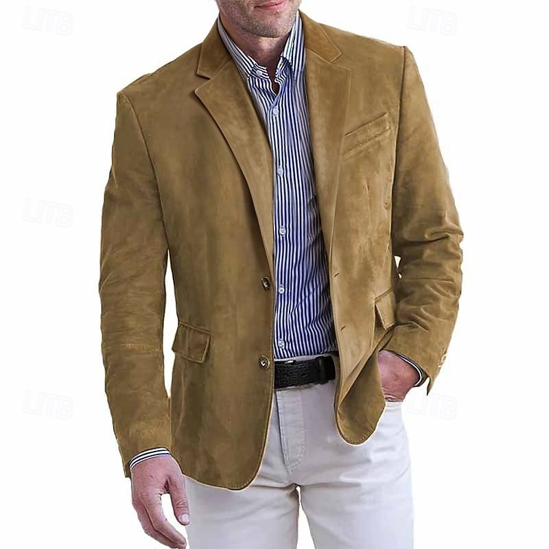 Men's Faux Suede Jacket Faux Suede Blazer Business Attire Company Party Fashion Casual Fall / Winter Faux Suede Plain Pocket Buttons Comfortable Single Breasted Blazer Dark Navy Brown Green khaki2
