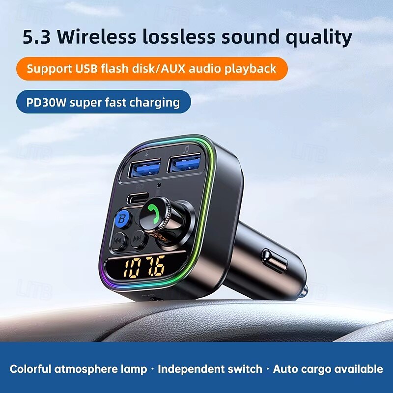 Wireless Bluetooth Car Adapter Bluetooth 5.3 FM Transmitter AUX Radio Receiver MP3 Player Handsfree Call Type-C USB Car charger
