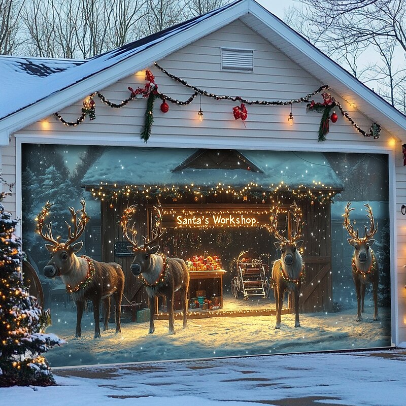 Christmas Door Decorations Outdoor Garage Door Cover Xmas Tree Banner Farmhouse Large Christmas Backdrop for Holiday Outdoor Garage Door Home Wall Decorations 33