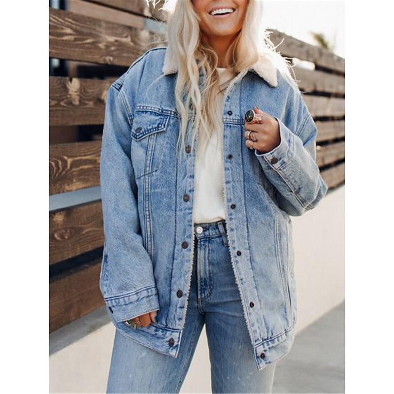Women's Fleece Jacket Teddy Coat Denim Jacket Warm Breathable Pocket Fleece Lined Casual Plain Vacation Street Daily Wear Going out Single Breasted Regular Turndown Regular Fit Long Sleeve Outerwear2