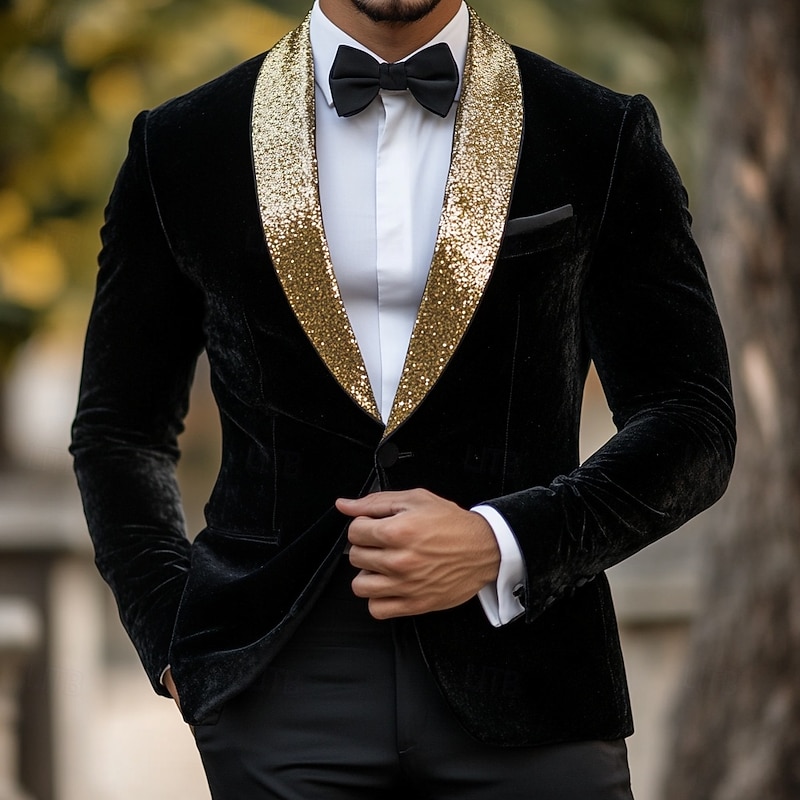 Men's Blazer Jacket Tuxedo Shawl Collar Vintage Party Velvet Solid Colored Blazer Black Standard Fit Single Breasted One-button