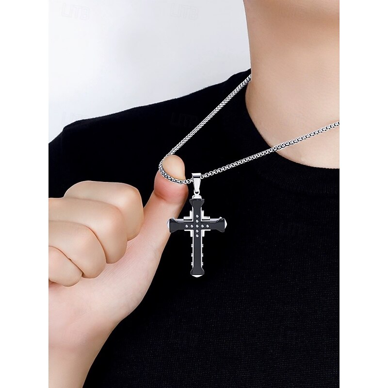 Men's Silver Cross Necklace with Gemstone Accents - Stylish Religious Pendant on Durable Chain for Casual and Formal Wear2