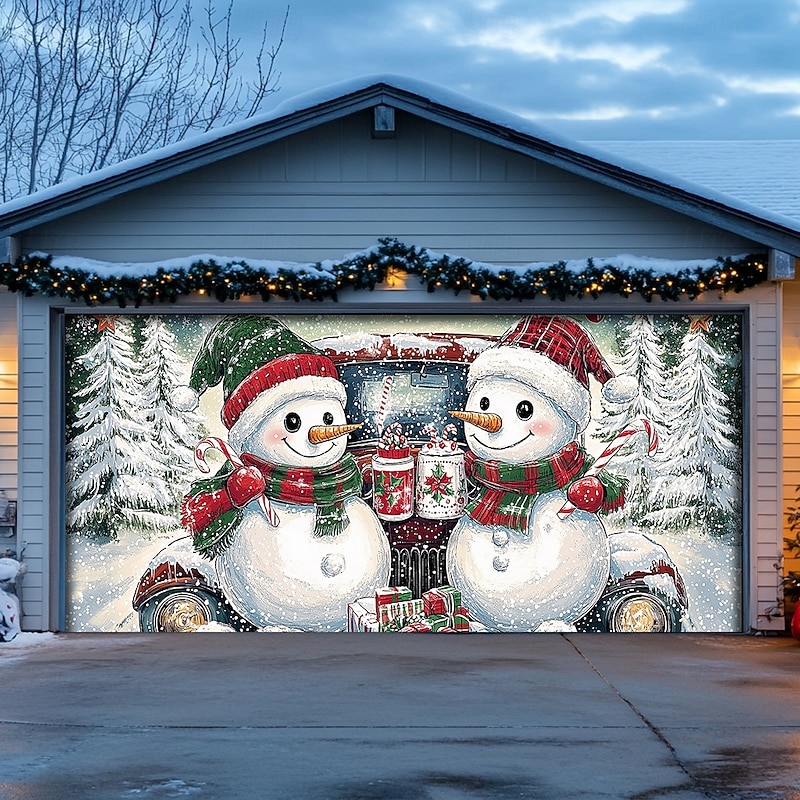 Christmas Door Decorations Outdoor Garage Door Cover Snowman Xmas Tree Banner Farmhouse Large Christmas Backdrop for Holiday Outdoor Garage Door Home Wall Decorations