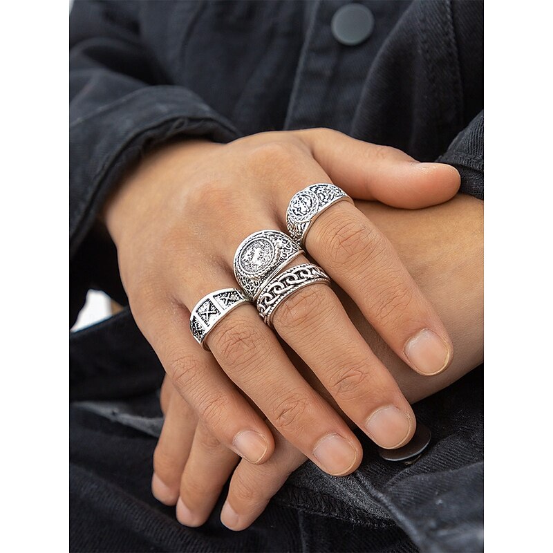 Vintage Style Men's Silver Alloy Ring Set with Geometric and Engraved Patterns – Retro Fashion Accessories for Everyday Wear