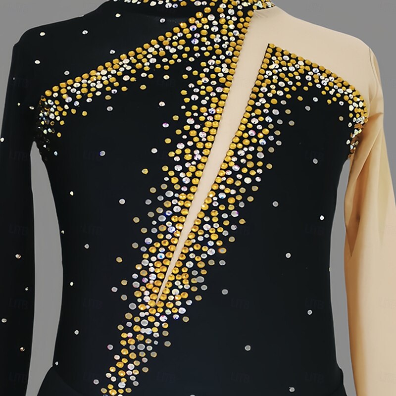 Figure Skating Dress Women's Girls' Ice Skating Dress Black Thumbhole Asymmetric Hem Mesh Spandex Stretchy Training Practice Professional Skating Wear Thermal Warm Classic Crystal / Rhinestone Long3