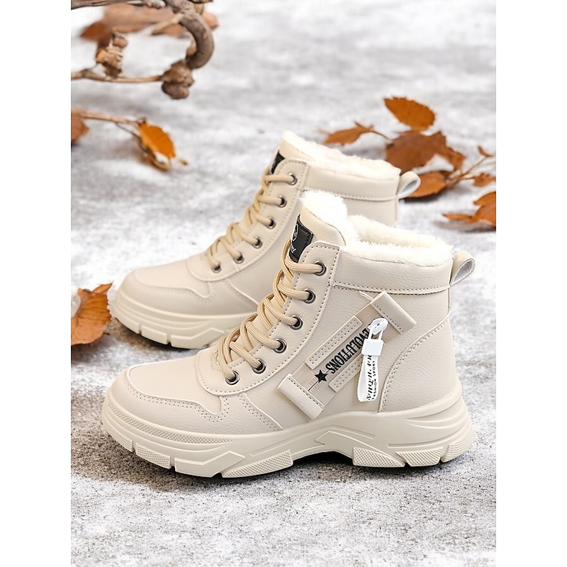 Women's Lace-Up Ankle Boots with Warm Fur Lining – Stylish Beige Winter Boots for Outdoor Cold Weather Comfort2