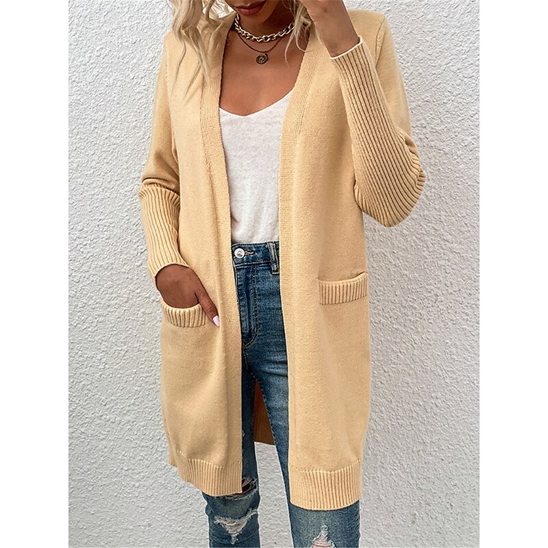Women's Sweater Cardigan Casual Soft Pure Color Ribbed Open Front Pocket Knitted Long Sleeve Long Tops Knit Outdoor Daily Weekend Khaki Apricot Fall Winter4