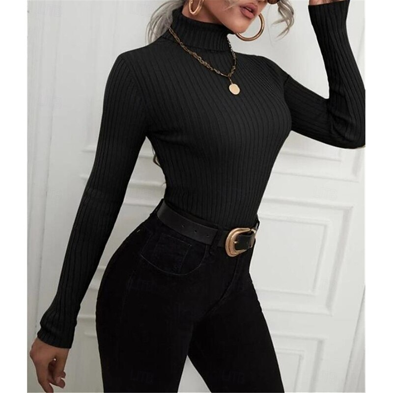 Women's T Shirt Plain Fashion Modern Casual Long Sleeve Turtleneck Regular Tops Daily Weekend Black White Green Beige Fall Winter4