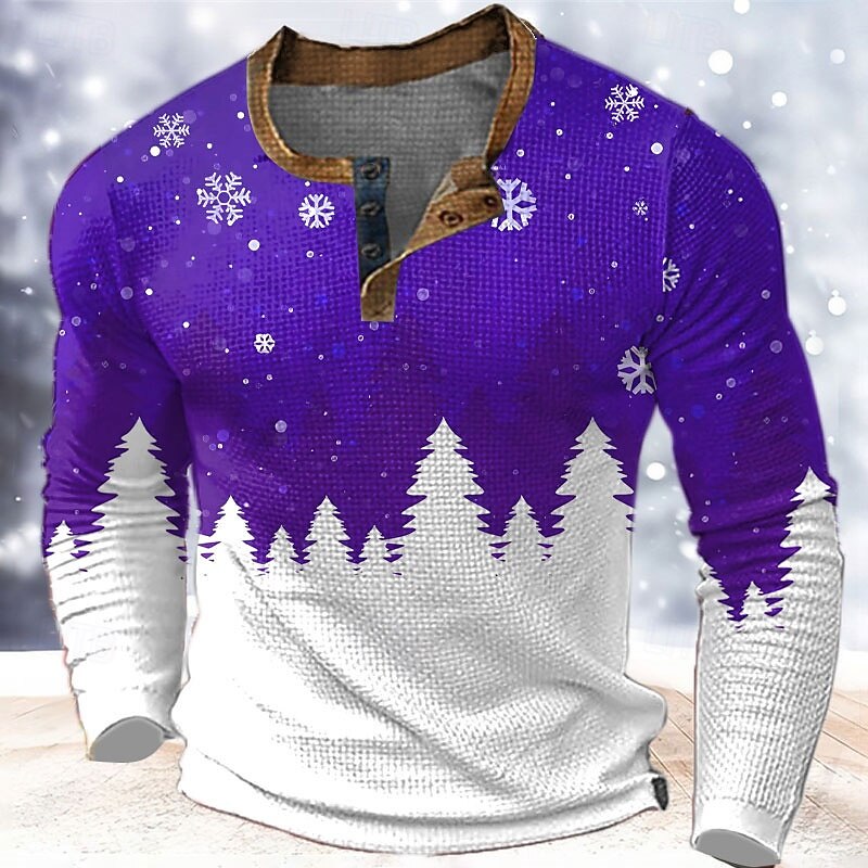 Christmas Men's Christmas Scene Henley T Shirt Graphic Tree Snowflake Fashion Designer Casual 3D Print Henley Waffle Sports Outdoor Holiday Festival Blue Red & White Purple Long Sleeve Henley Shirt