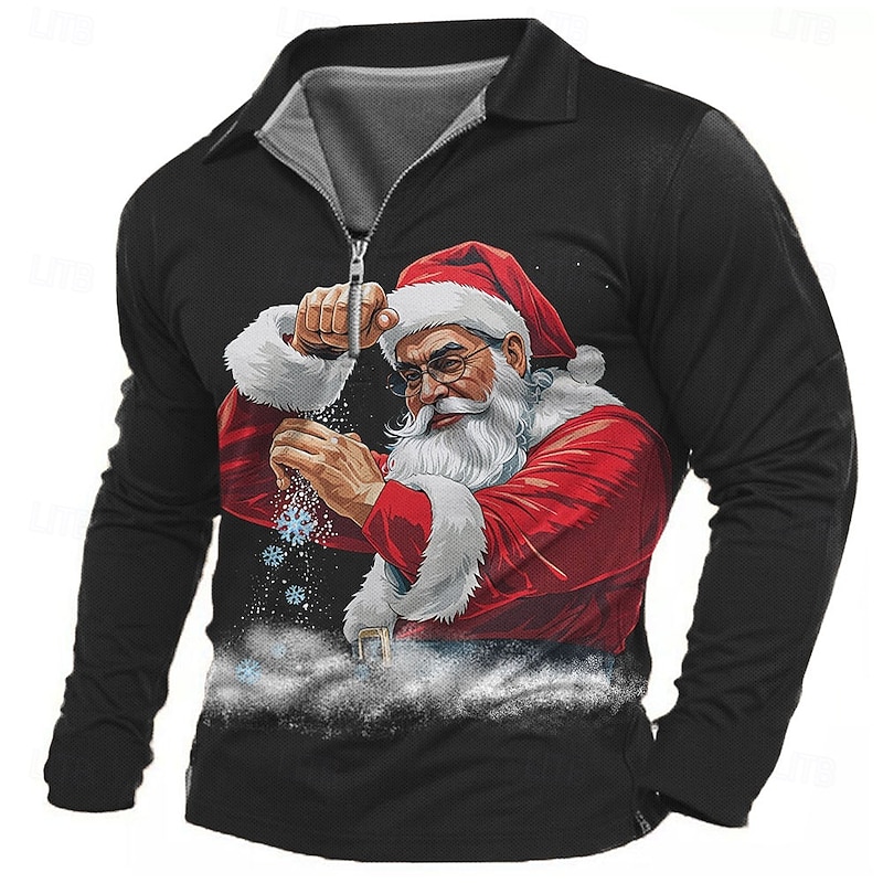 Christmas Men's Santa Claus Snowflake Polo Shirts Golf Polos Shirts Long Sleeve Polo Shirts Collar Casual Party Evening Wear Dailywear Vacation Festival Buttons 3D Print Black