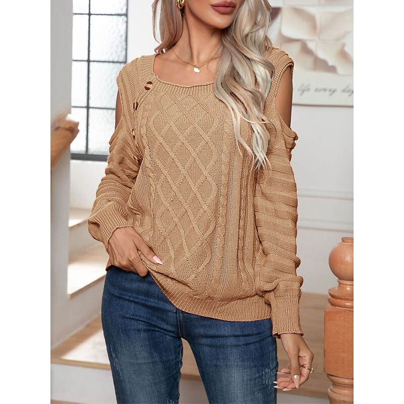 Women's Sweater Pullover Sweater Jumper Casual Soft Pure Color Cable Crew Neck Buttons Knitted Cold Shoulder Long Sleeve Regular Tops Knit Outdoor Daily Weekend White Fuchsia Fall Winter4