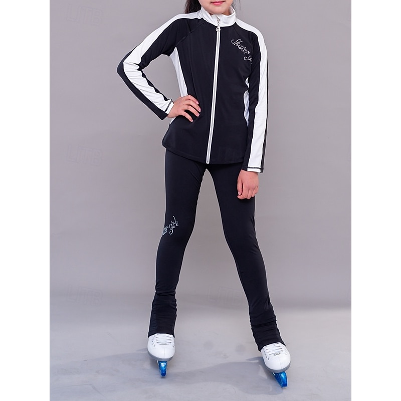 Figure Skating Fleece Jacket Figure Skating Pants Figure Skating Jacket with Pants Women's Girls' Ice Skating Jacket Tights Outfits Black White Patchwork Thumbhole Spandex Stretchy Training Practice