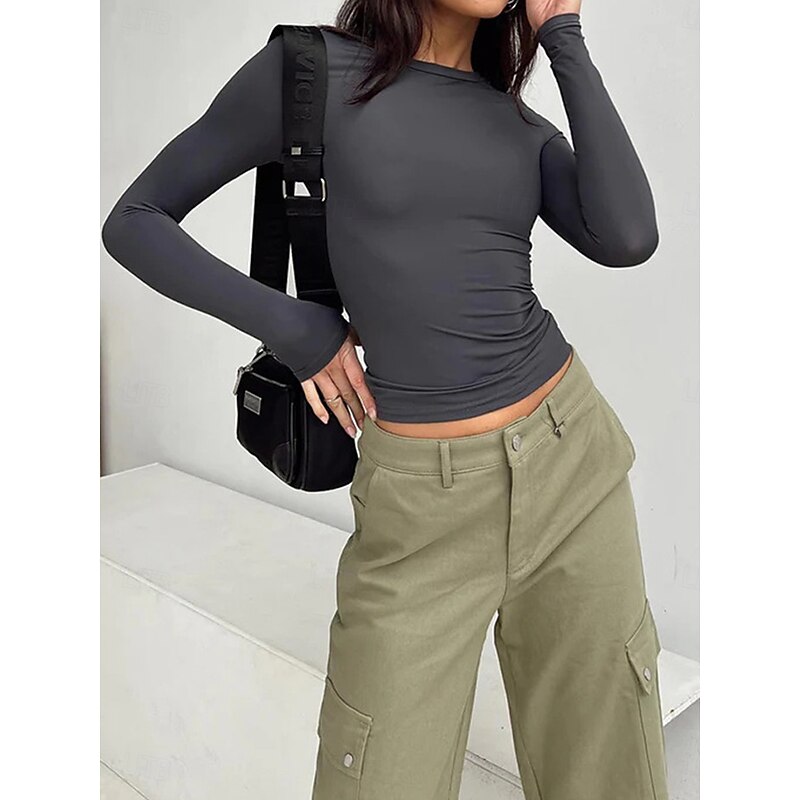 Women's T Shirt Plain Fashion Modern Casual Long Sleeve Crew Neck Regular Tops Daily Weekend Brown Gray Fall Winter4