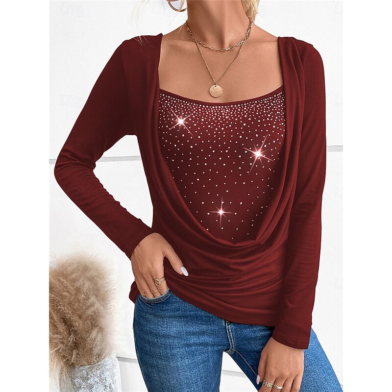 Women's Shirt Sequin Sparkly Party Solid Color Basic Casual Long Sleeve Crew Neck Regular Tops Daily Patchwork Black Wine Green Fall Winter 8