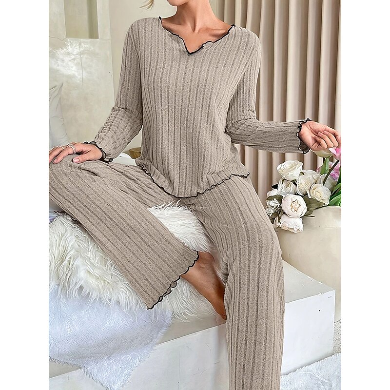 Women's Pajama Set Pure Color Casual Comfort Home Daily Comfort Warm V Neck Long Sleeve T shirt Pant Elastic Waist Fall Winter Home Outfits3