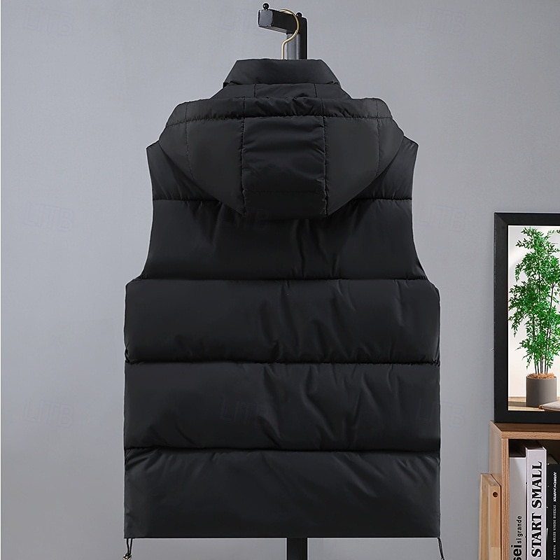 Men's Puffer Vest Hoodie Vest Padded Gilet Quilted Vest Daily Date Vacation Fashion Casual Fall & Winter Pocket Detachable Hood Polyester Warm Comfortable Solid Color Zipper Hooded Regular Fit Black4