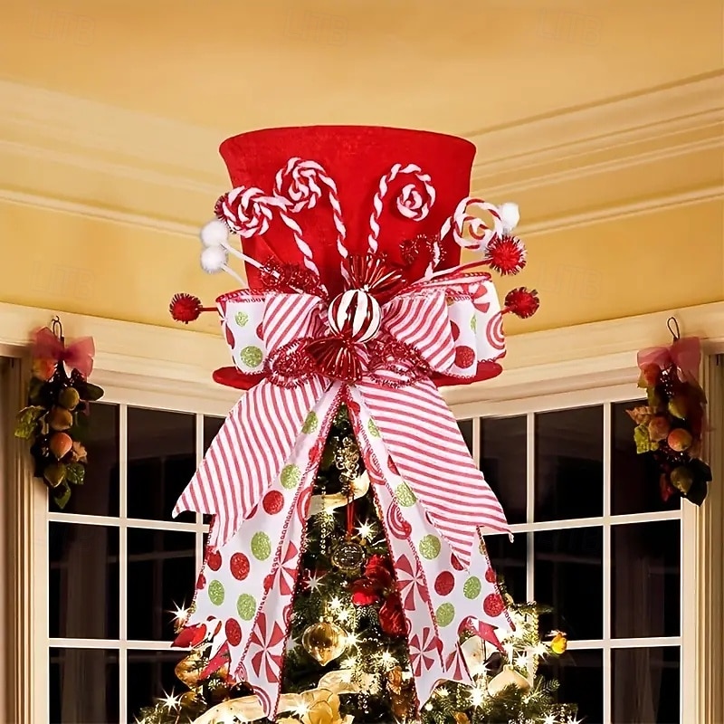 Classic Red Polyester Christmas Tree Topper with Candy Stick Bow - Perfect for Holiday Decor Indoor & Outdoor Use