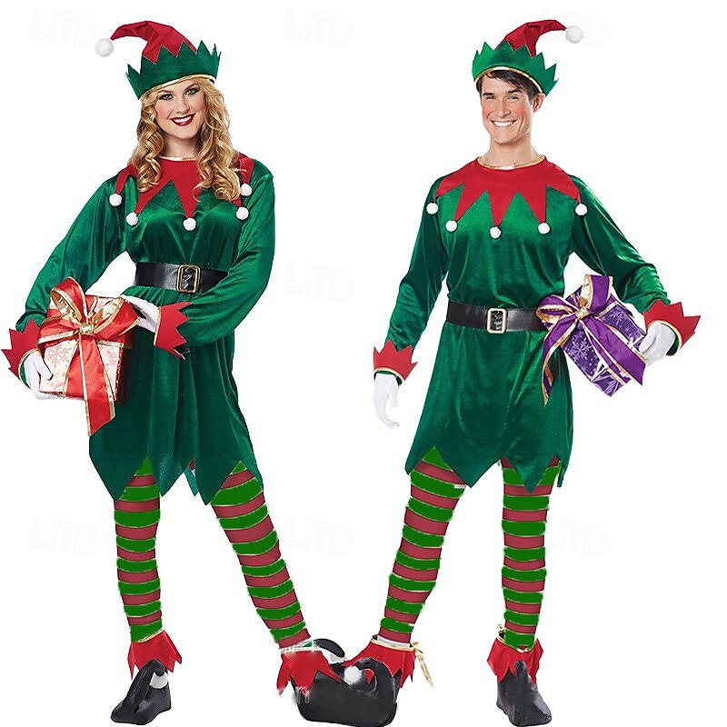 Elf Outfits Christmas Dress Elf Costume Cosplay Costumes Men's Women's Christmas Special Adults Christmas Carnival Masquerade Christmas Party Top Belt Stockings Shoes Hat