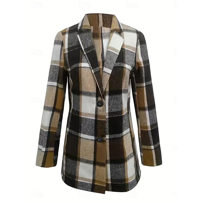 Women's Blazer Outdoor Adjustable Plaid Breathable Stylish Regular Fit Outerwear Long Sleeve Fall Coffee S2