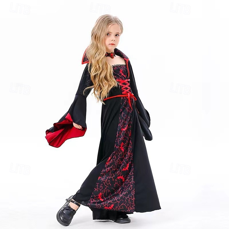 Kids Girls' Cosplay Dress Party Dress Color Block Long Sleeve Performance Halloween Party Patchwork Gothic Beautiful Polyester Maxi Party Dress Spring Fall 4-12 Years Wine