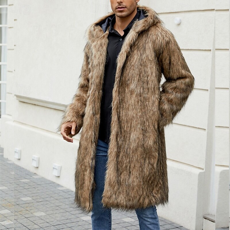 Men's Winter Jacket Fleece Jacket Faux Fur Coat Daily Vacation Thermal Warm Keep Warm Fleece Fall & Winter Leopard Print Fashion Streetwear Hooded Long Black White Yellow Jacket2