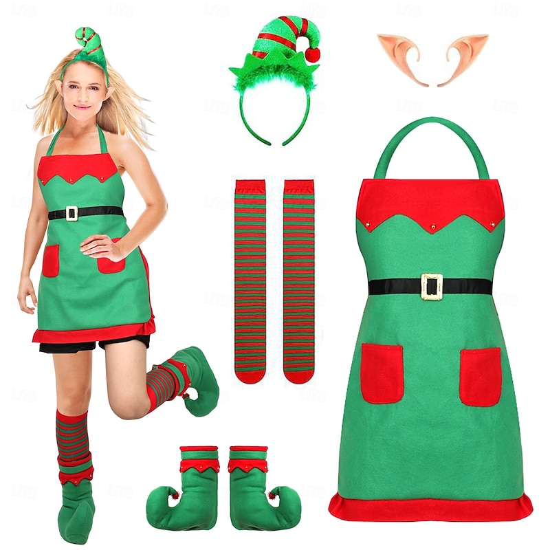 Elf Outfits Apron Christmas Costume Women's Cosplay Costume Adults Christmas New Year Christmas Eve Christmas Party 1 Pair of Earrings Headpiece Apron Shoes