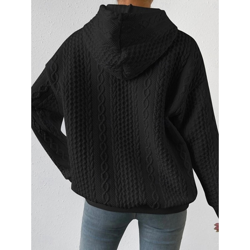 Women's Sweater Pullover Sweater Jumper Casual Soft Pure Color Ribbed Hooded Knitted Long Sleeve Regular Tops Knit Outdoor Daily Weekend Black White Fall Winter2