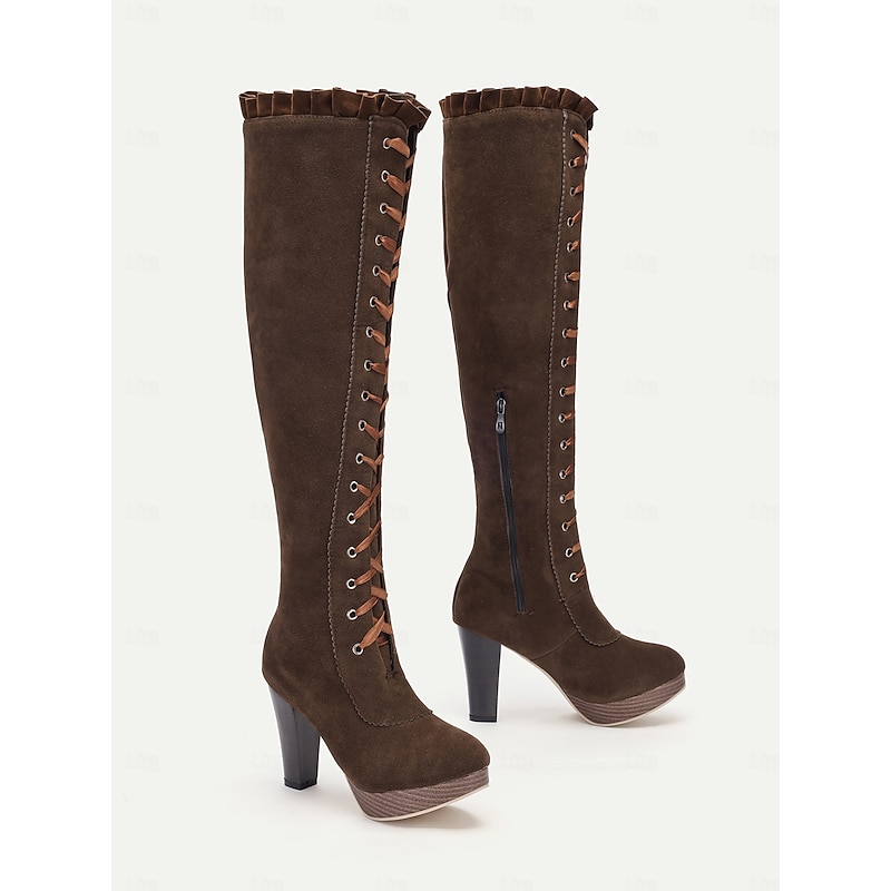 Women's Brown Victorian Lace-Up Knee-High Boots - Retro Style with Platform Heel, Perfect for Cosplay and Vintage-Inspired Outfits