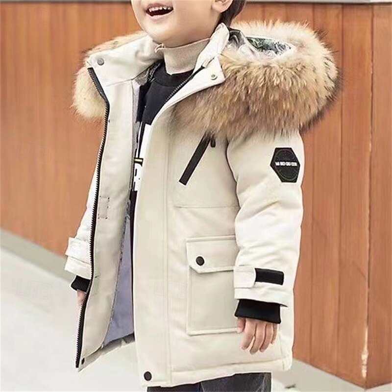 Kids Unisex Down Coat Hoodie Jacket Puffer Jacket Outerwear Solid Color Long Sleeve Pocket Coat Outdoor Daily Basic Black White Red Fall Winter 4 years+3