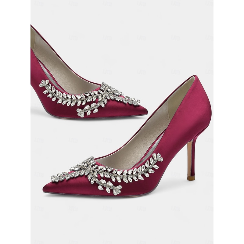 Women's Rhinestone-Embellished Satin Stiletto Heels – Elegant Pointed Toe Pumps for Evening Parties and Formal Events 14