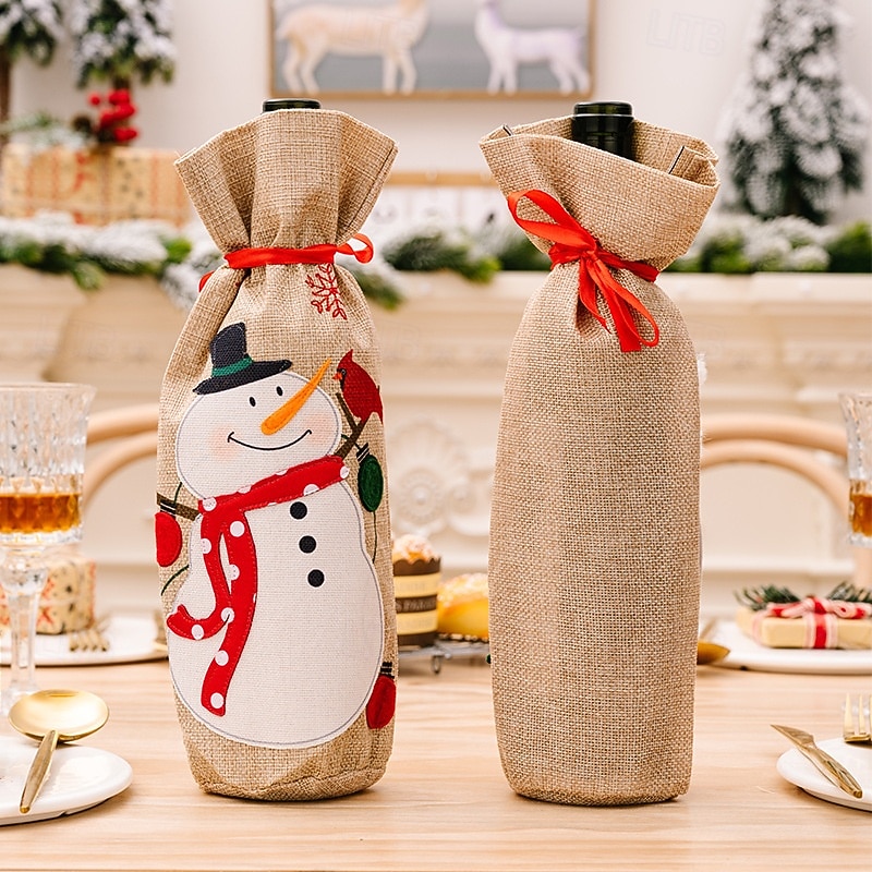 Christmas Wine Bottle Covers, Burlap Santa & Snowman Wine Bags, Cartoon Drawstring Wine Bottle Sack Decoration for Holiday Party4