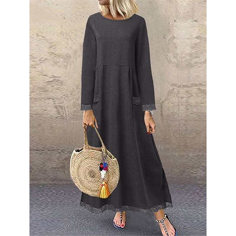 Women's Lace Dress Maxi Dress Lace Patchwork Casual Crew Neck Long Sleeve Black Green Gray Color