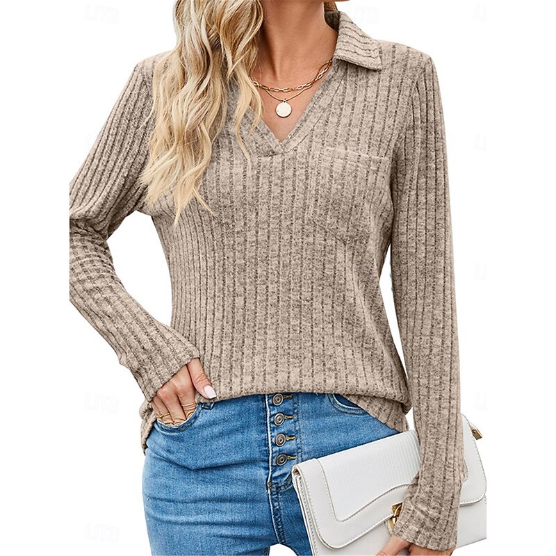 Women's Polo T Shirt Plain Fashion Modern Casual Long Sleeve V Neck Regular Tops Daily Weekend Wine Royal Blue Khaki Fall Winter4