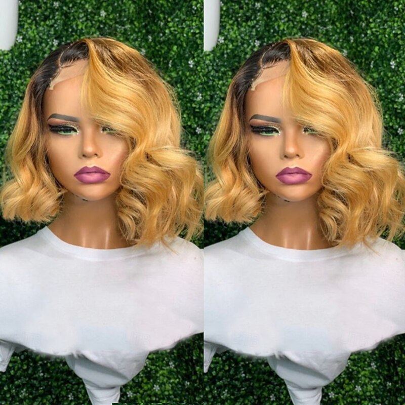 Remy Human Hair 13x4 Lace Front Wig Short Bob Brazilian Hair Wavy Multi-color Wig 130% 150% Density with Baby Hair Ombre Hair Glueless For Women Long Human Hair Lace Wig4