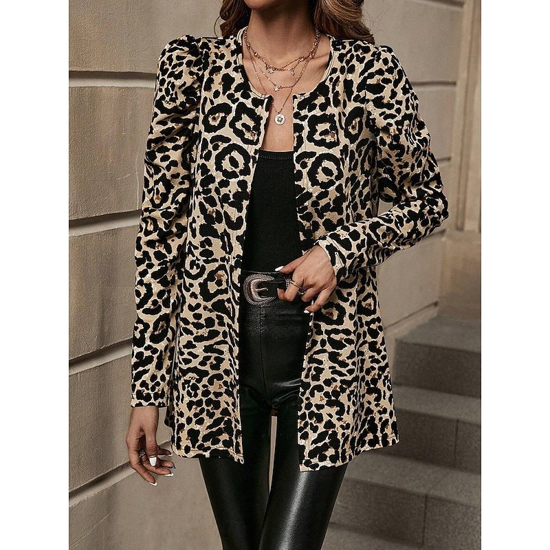 Women's Blazer Outdoor Adjustable Leopard Comfortable Stylish Regular Fit Outerwear Long Sleeve Fall Brown XL4