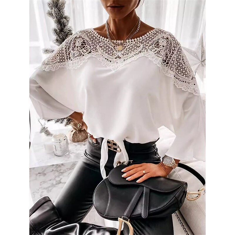 Women's Shirt Blouse Solid Color Basic Casual 3/4 Length Sleeve Crew Neck Regular Tops Daily Lace Patchwork Black White Fall Winter