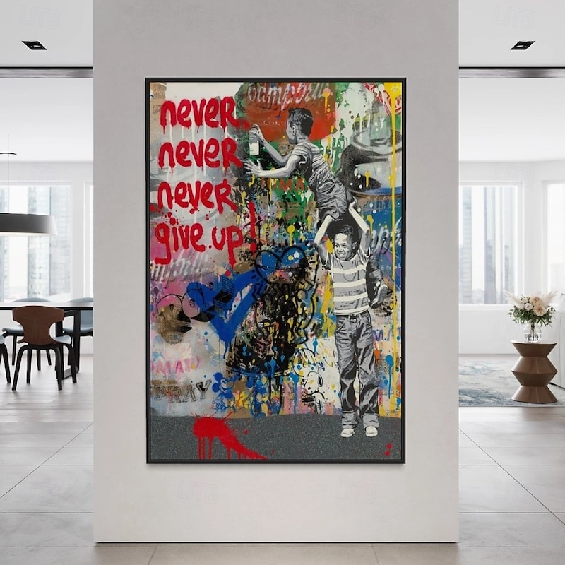 Pop art oil painting handmade abstract Graffiti art  oil painting hand painted Street Art oil painting never give up painting office wall art decoration for bedroom living room decoration home gift