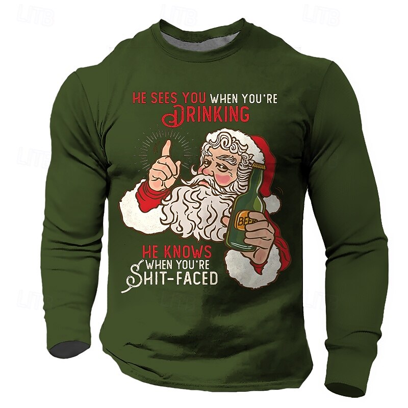 Christmas Men's Santa Claus T Shirt Long Sleeve T shirt 3D Print Crew Neck Shirt Daily Designer Festival Party Street Casual Black Burgundy Blue Summer Spring Fall Clothing Apparel S M L XL XXL XXXL3