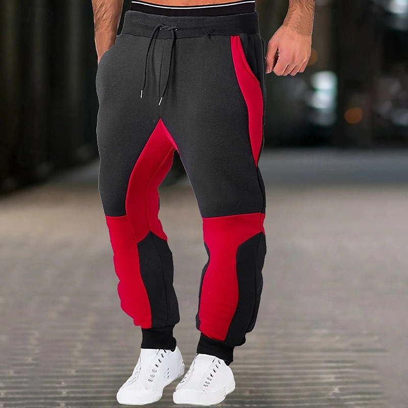Men's Fleece Pants Sweatpants Joggers Trousers Pocket Drawstring Elastic Waist Color Block Plain Comfort Warm Full Length Sports Outdoor Casual Daily Fashion Streetwear Black Red