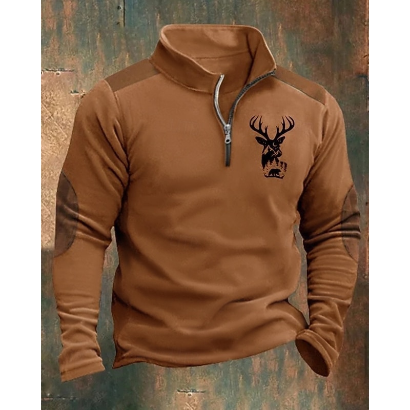 Men's Sweatshirt Quarter Zip Sweatshirt Blue Brown Khaki Light Grey Dark Gray Half Zip Reindeer Print Christmas Daily Holiday Polyester Streetwear Casual Bavarian Fall & Winter Clothing Apparel4