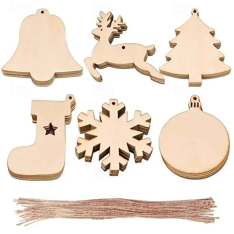 60pcs DIY Wooden Christmas Ornaments Xmas Tree Hanging Wood DIY Art Crafts 6-Designs Christmas Tree Bells Reindeer Christmas Stockings Snowflakes Round Wooden Christmas Ornaments For Christmas