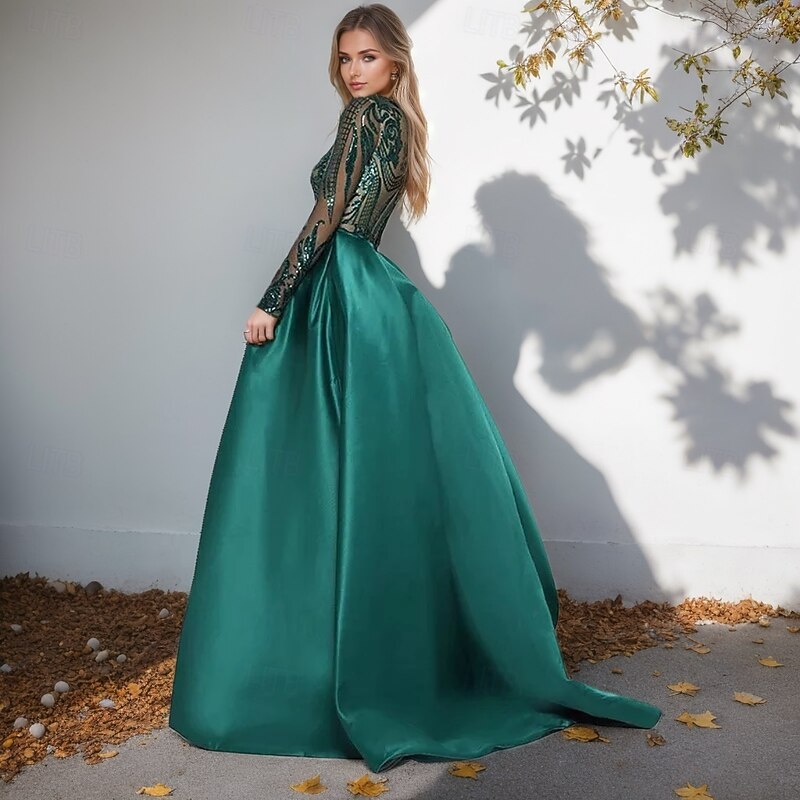 A-Line Evening Gown  Satin Elegant Dress Formal Floor Length Long Sleeve Boat Neck Detachable with Floral Print Slit Appliques4