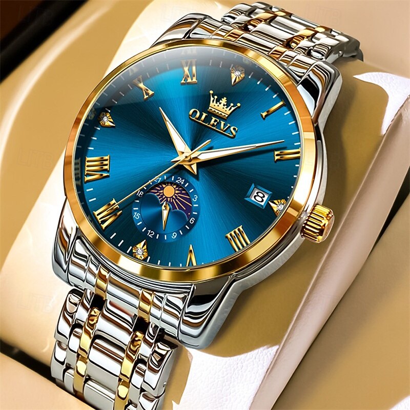 New Olevs Brand Men'S Steel Belt Business Watch Calendar Moon Phase Display Luminous Simple Leisure Multifunction Quartz Watch Waterproof Sports Men'S Wristwatch3