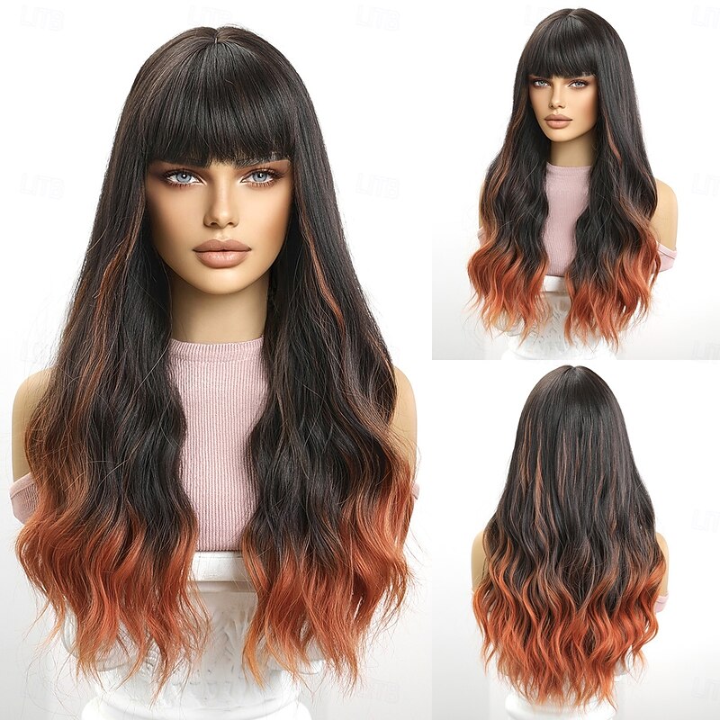 Synthetic Wig Curly Wavy Neat Bang With Bangs Machine Made Wig 26 inch Ombre Orange Synthetic Hair Women's Cute Cosplay Party Orange2