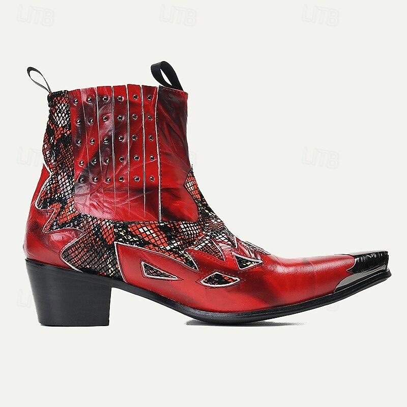 Men's Red Snakeskin Leather Motorcycle Boots–Western Style Studded Pointed Toe Ankle Boots with Gold Tip Flame Cut-Out Design for Bold Fashion4