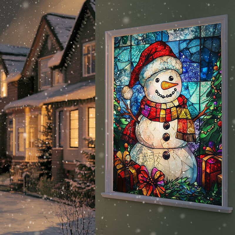 Christmas Window Cover Decorations, Fabric Stained Glass Snowman Curtain Movie Poster Window Door Covering Decor for Christmas House, Window Clings Decals Indoor Outdoor