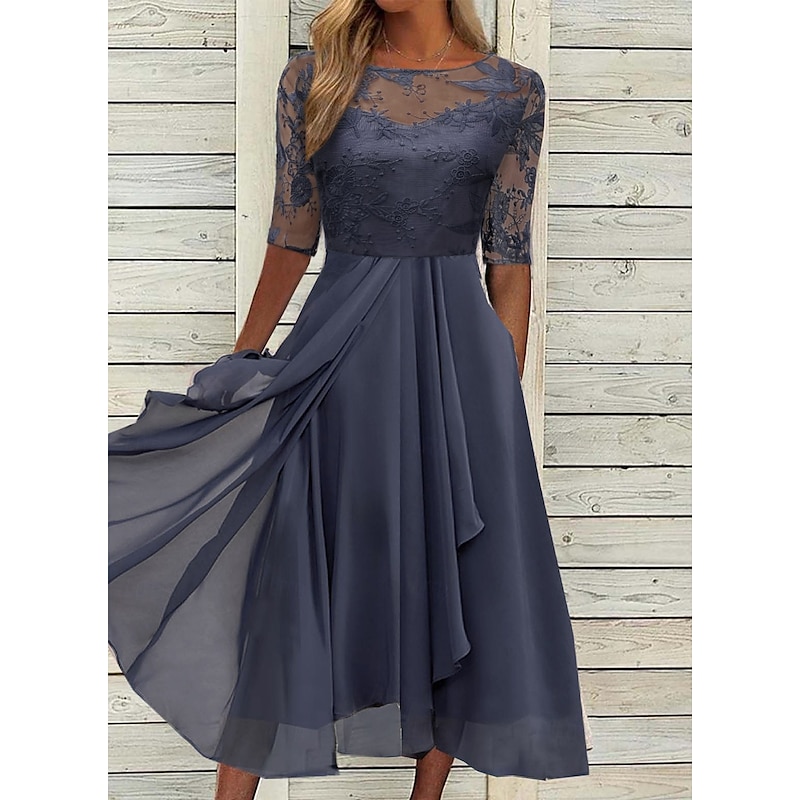 Women's Cocktail Party Dress Lace Dress Midi Dress Green Blue Purple Half Sleeve Floral Embroidery Lace Summer Spring Crew Neck Elegant Classic Wedding Guest 2023 S M L XL XXL 3XL