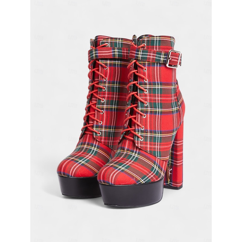 Women's Red Tartan Platform Ankle Boots - Chunky Heel Plaid Lace-Up Boots with Side Zipper for Punk and Alternative Fashion2